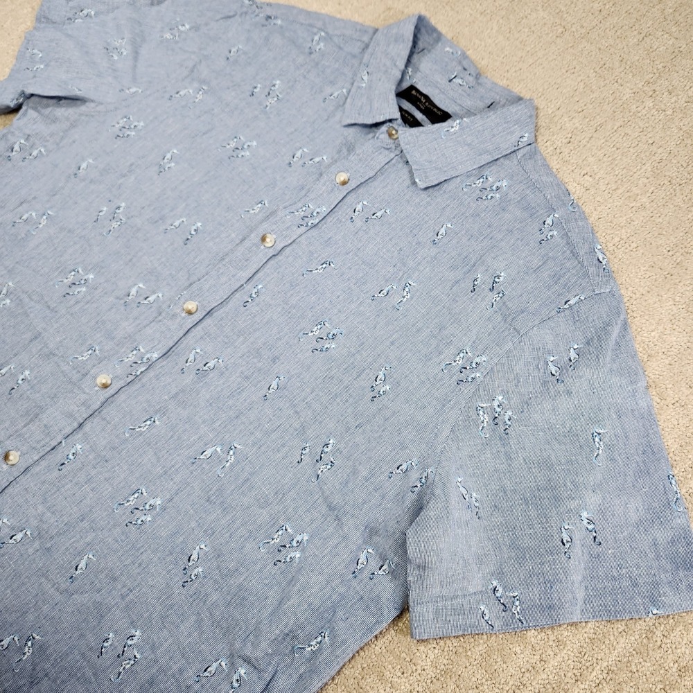 Banana Republic Linen Blend Shirt Men XL Seahorse AOP Chambray Blue Slim Fit